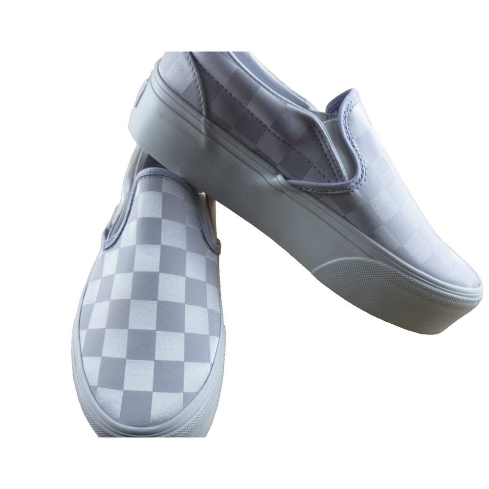 Vans Women's Classic Slip On Stackform Satin Check Lilac Platform Shoes Sizes - Picture 4 of 7